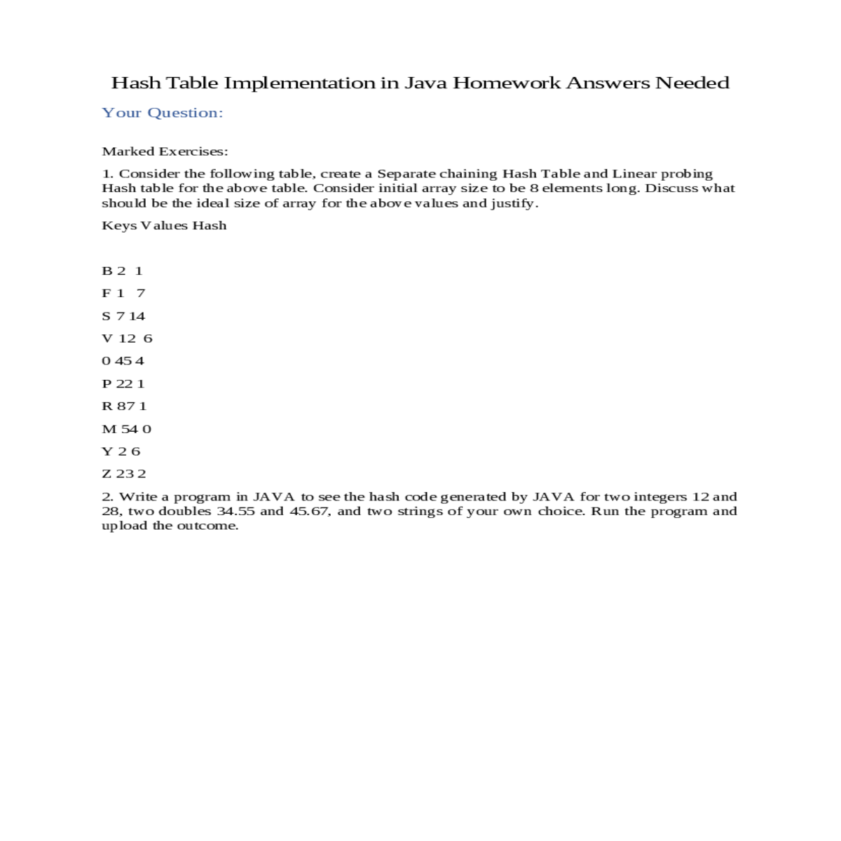 hash table implementation in java homework answers
