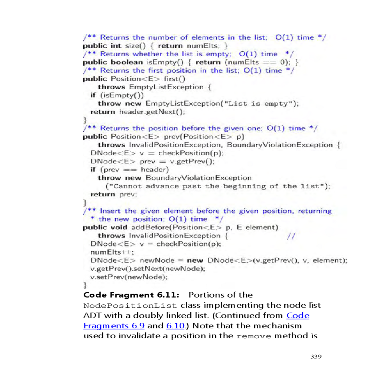 code fragment portions the nodepositionlist class 